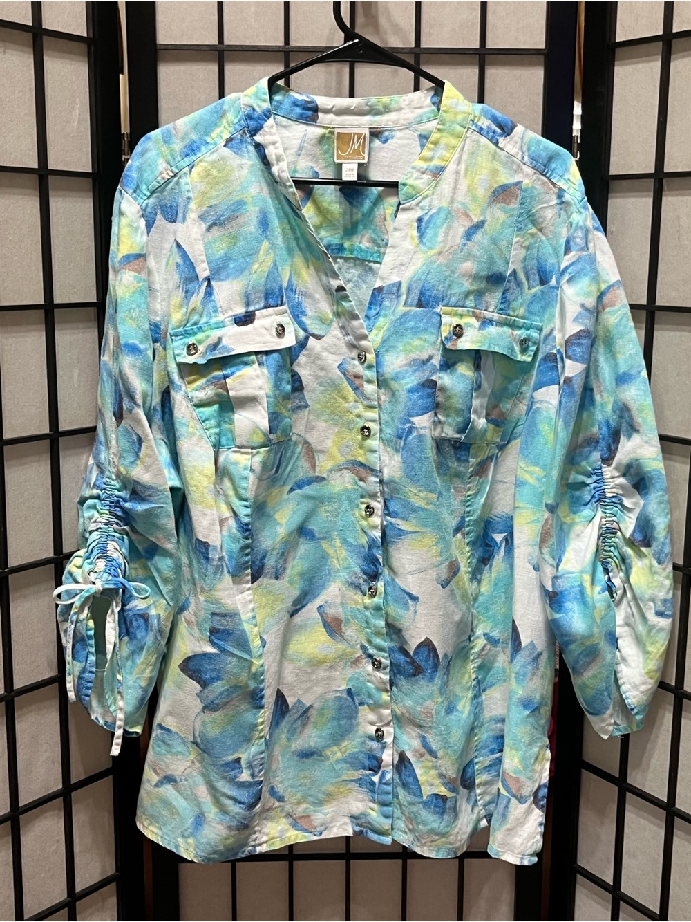 Watercolor Floral Button-Up Blouse in Blue & Aqua by JM COLLECTION, SIZE 24W